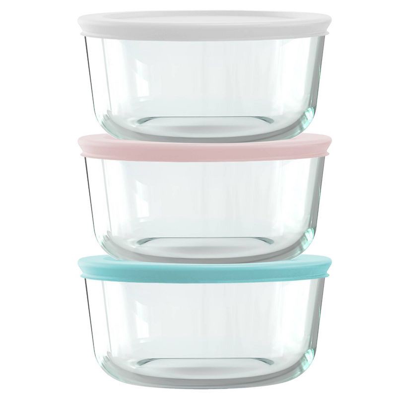 slide 1 of 5, Pyrex® Simply Store® 6-pc 4-cup Round Glass Storage Set with Assorted Color Lids: Small Glass Containers, Dishwasher-Safe, 1 ct