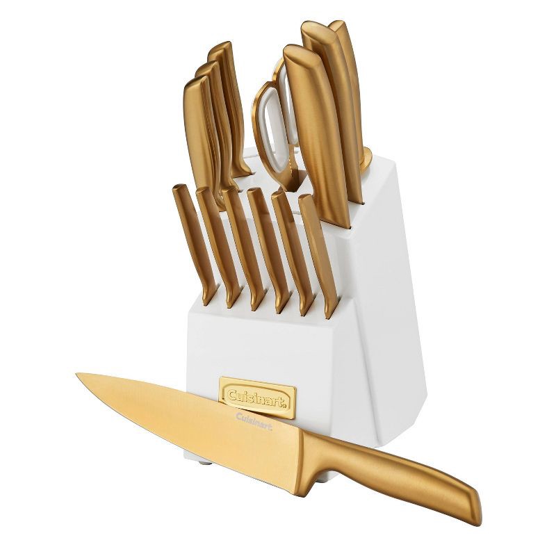 slide 2 of 17, Cuisinart Classic 15pc Gold PVD Stainless Steel Cutlery Block Set White: Forged Knife Set with Comfort-Grip Handle, 15 ct