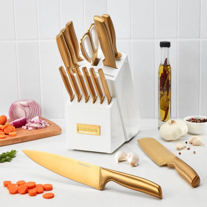 slide 3 of 17, Cuisinart Classic 15pc Gold PVD Stainless Steel Cutlery Block Set White: Forged Knife Set with Comfort-Grip Handle, 15 ct