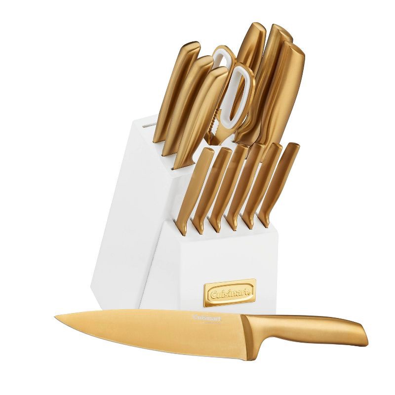 slide 17 of 17, Cuisinart Classic 15pc Gold PVD Stainless Steel Cutlery Block Set White: Forged Knife Set with Comfort-Grip Handle, 15 ct