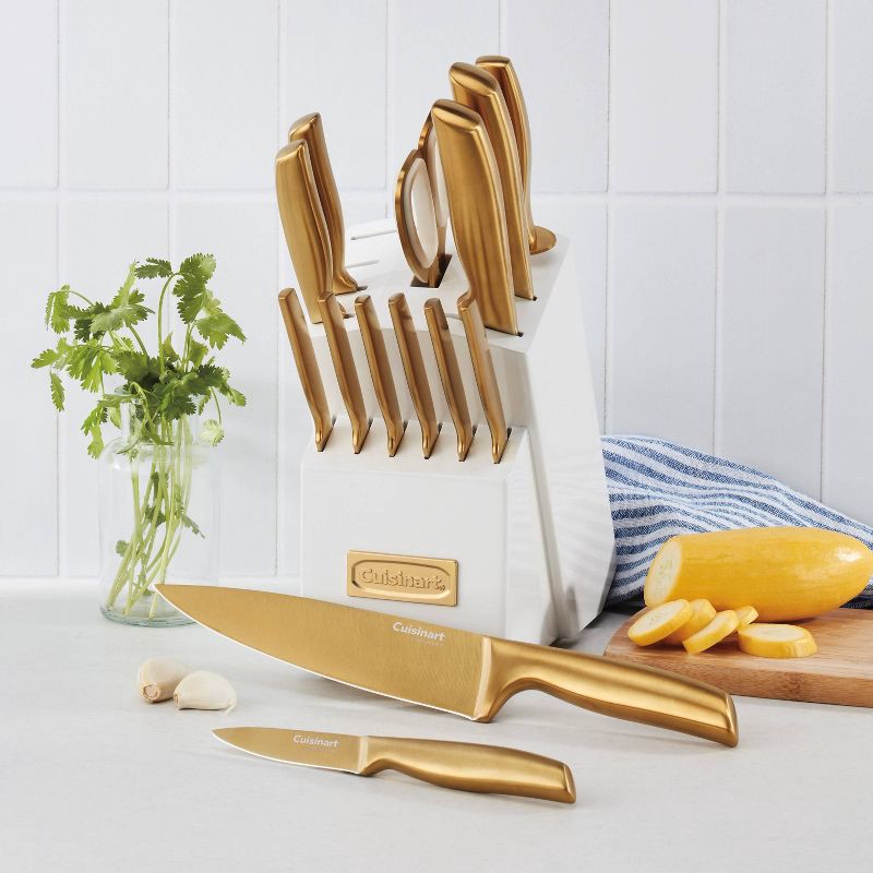 slide 4 of 17, Cuisinart Classic 15pc Gold PVD Stainless Steel Cutlery Block Set White: Forged Knife Set with Comfort-Grip Handle, 15 ct