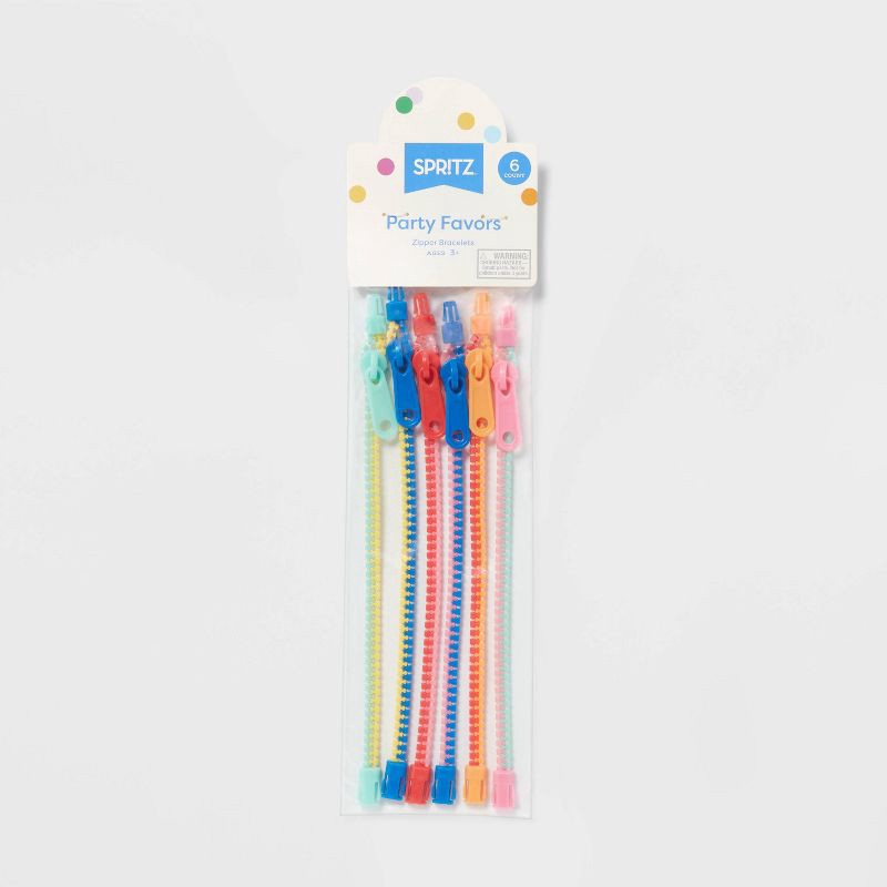 slide 3 of 3, 6ct Zipper Bracelets - Spritz™: Multi-Colored Party Favors, Ages 3+, Polyoxymethylene, All Occasions, No Choking Hazard, 6 ct