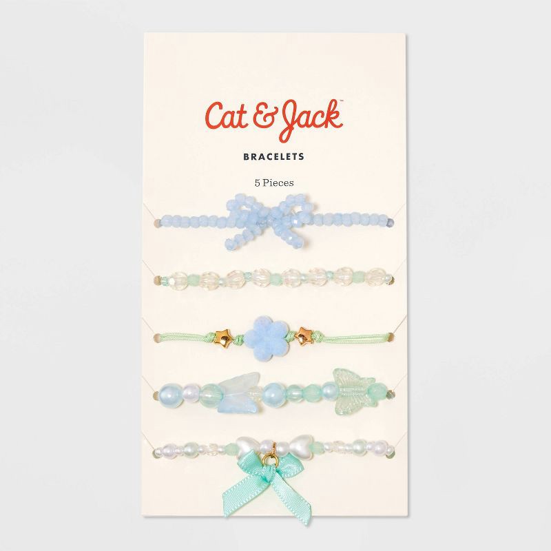 slide 2 of 3, Girls' 5pk Mixed Beaded Bow Bracelet Set - Cat & Jack™ Blue, 5 ct