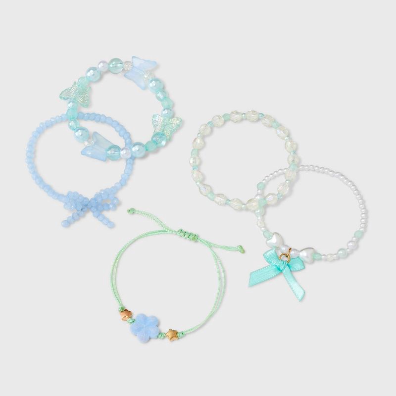 slide 1 of 3, Girls' 5pk Mixed Beaded Bow Bracelet Set - Cat & Jack™ Blue, 5 ct