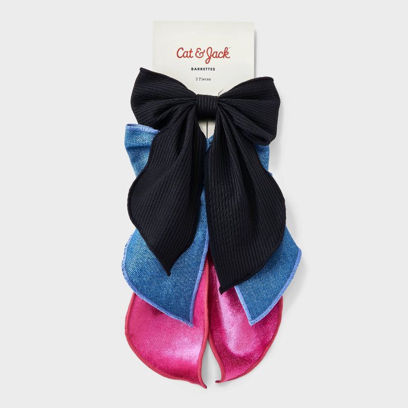 slide 2 of 4, Girls' 3pk Hair Bow Barrette Set - Cat & Jack™ Black/Pink/Denim Blue, 3 ct
