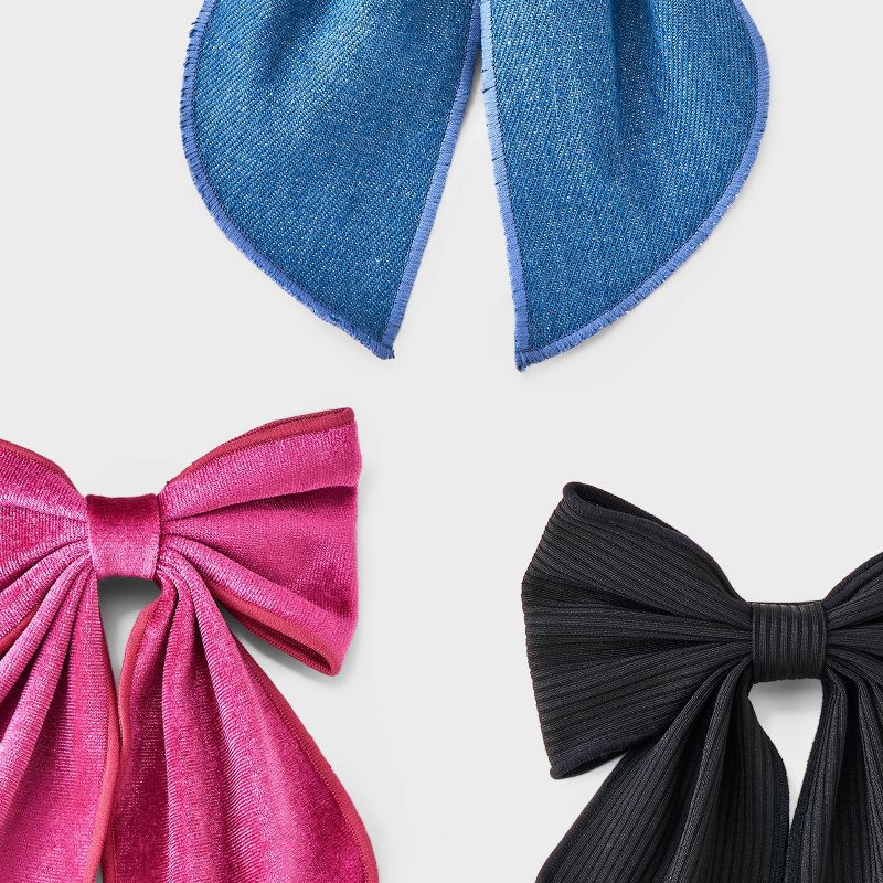 slide 4 of 4, Girls' 3pk Hair Bow Barrette Set - Cat & Jack™ Black/Pink/Denim Blue, 3 ct