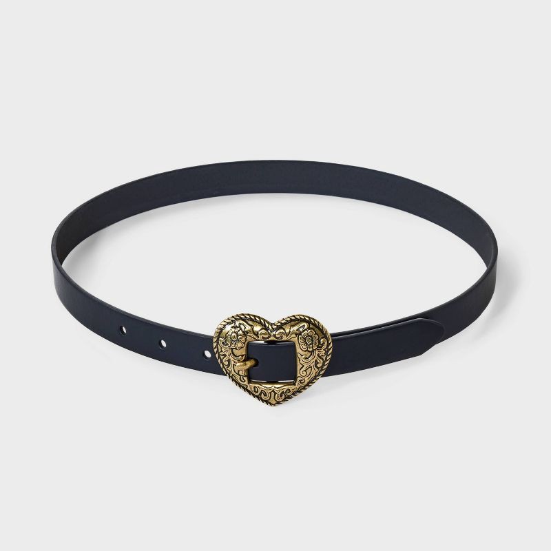 slide 2 of 3, Girls' Western Heart Buckle Belt - art class™ Black/Gold L: Adjustable Strap, Skinny Style, 1 ct