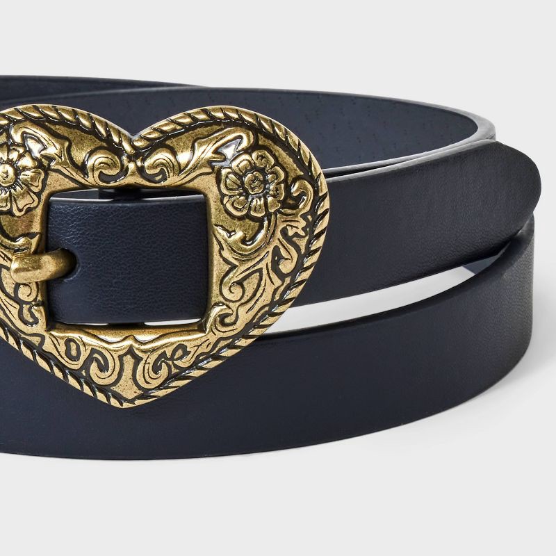 slide 3 of 3, Girls' Western Heart Buckle Belt - art class™ Black/Gold L: Adjustable Strap, Skinny Style, 1 ct