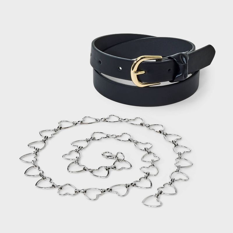 slide 1 of 3, Girls' 2pk Bow and Heart Chain Belt - art class™ Black/Silver S: Adjustable Skinny Belts, Polyurethane & Bonded Leather, 2 ct