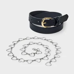 Girls' 2pk Bow and Heart Chain Belt - art class™ Black/Silver S: Adjustable Skinny Belts, Polyurethane & Bonded Leather