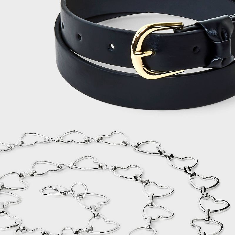 slide 3 of 3, Girls' 2pk Bow and Heart Chain Belt - art class™ Black/Silver L: Adjustable Skinny Style, 2 ct