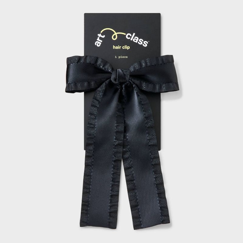 slide 2 of 4, Girls' Ruffled Edge Satin Bow Clip - art class™ Black: Hair Styling Accessory, Solid Pattern, 1 ct