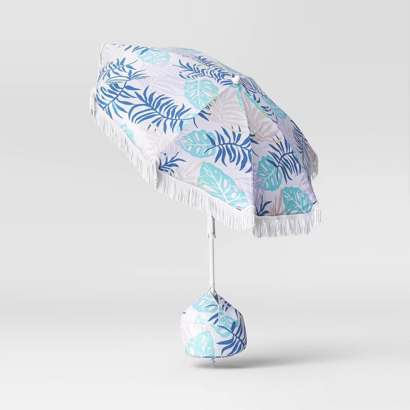 slide 3 of 7, 6' Outdoor Patio Beach Umbrella with Fringe Blue - Sun Squad™, 1 ct