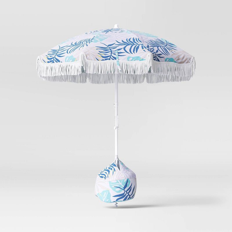 slide 1 of 7, 6' Outdoor Patio Beach Umbrella with Fringe Blue - Sun Squad™, 1 ct