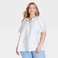 Women's Flutter Elbow Sleeve Blouse - Ava & Viv™ Blue Striped XXL