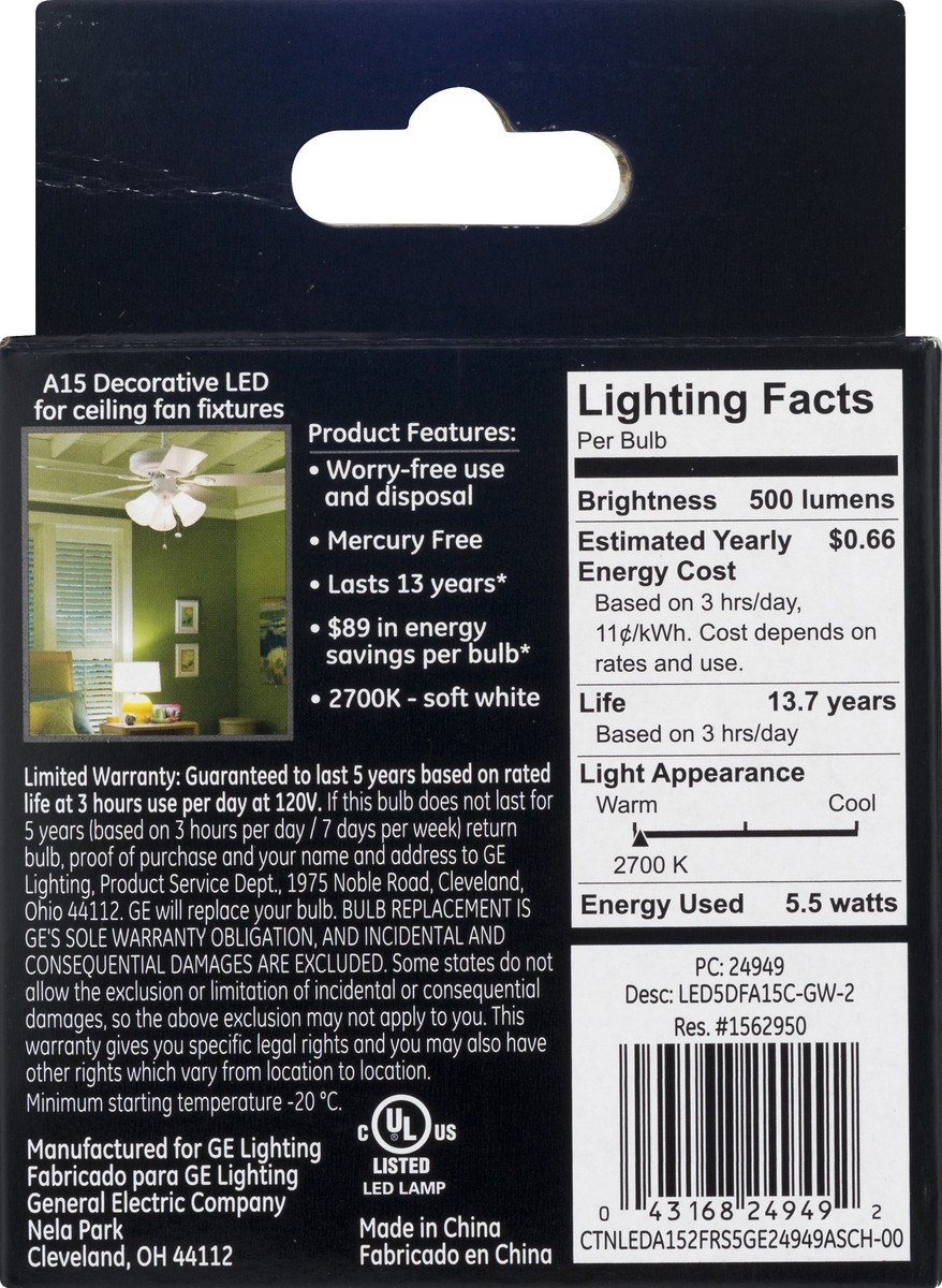 slide 5 of 9, GE LED 60Watt A15 CAC Ceiling Fan Light Bulb - Soft White, 2 ct