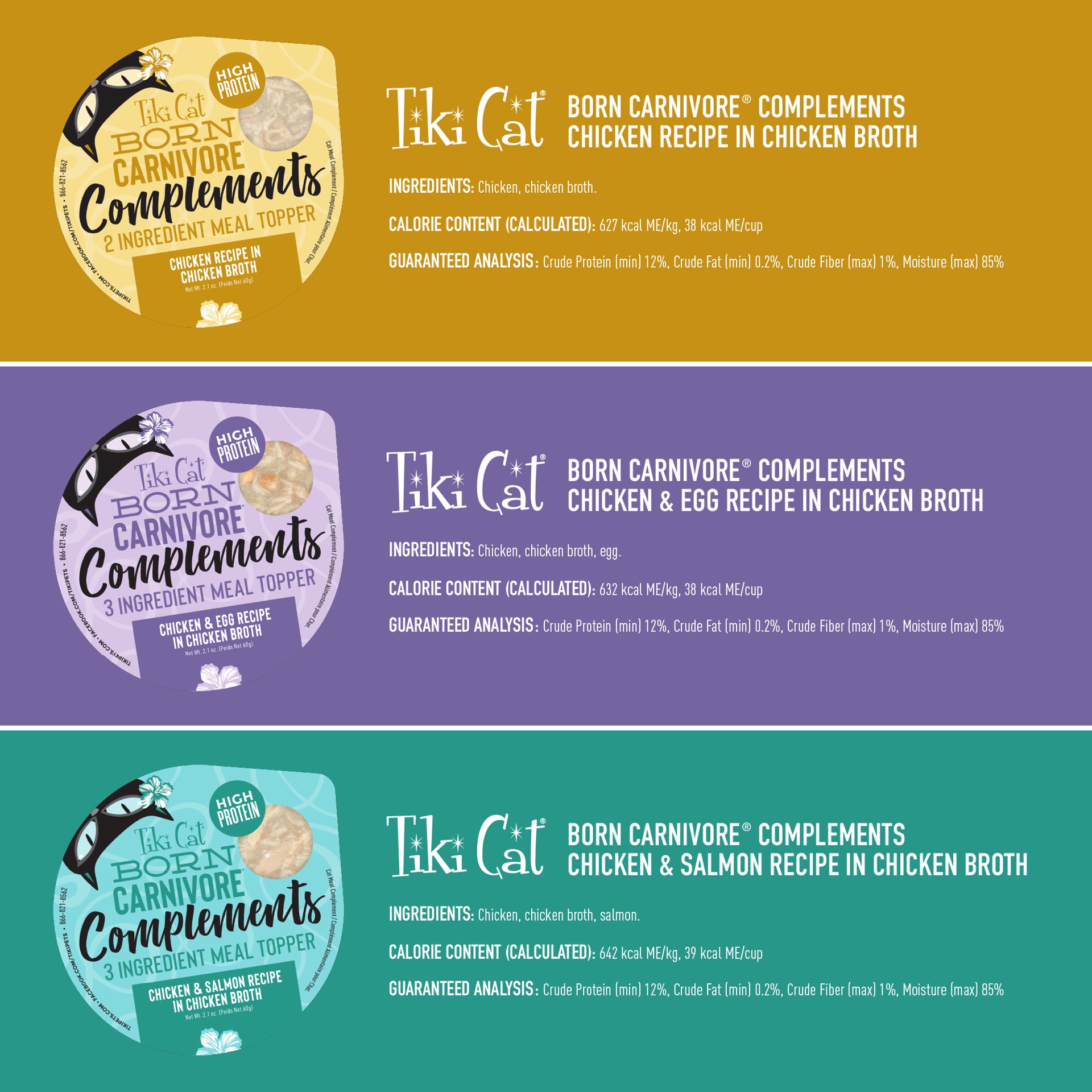 slide 2 of 8, Tiki Cat Born Carnivore Complements Wet Cat Food Topper, Variety Pack, 2.1 oz. Cups (10 Count), 10 ct