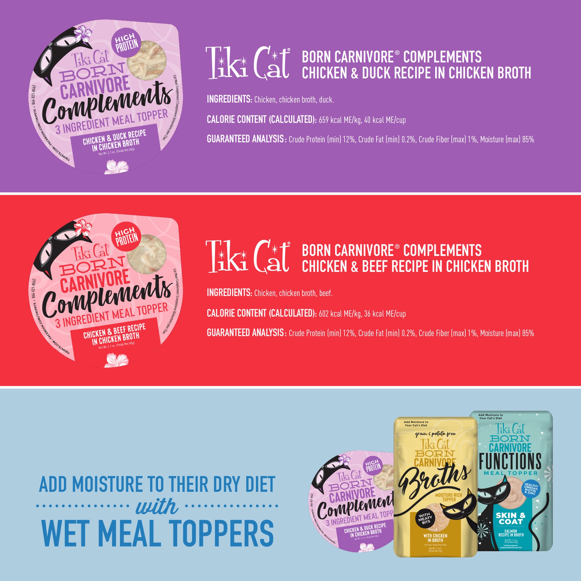 slide 3 of 8, Tiki Cat Born Carnivore Complements Wet Cat Food Topper, Variety Pack, 2.1 oz. Cups (10 Count), 10 ct