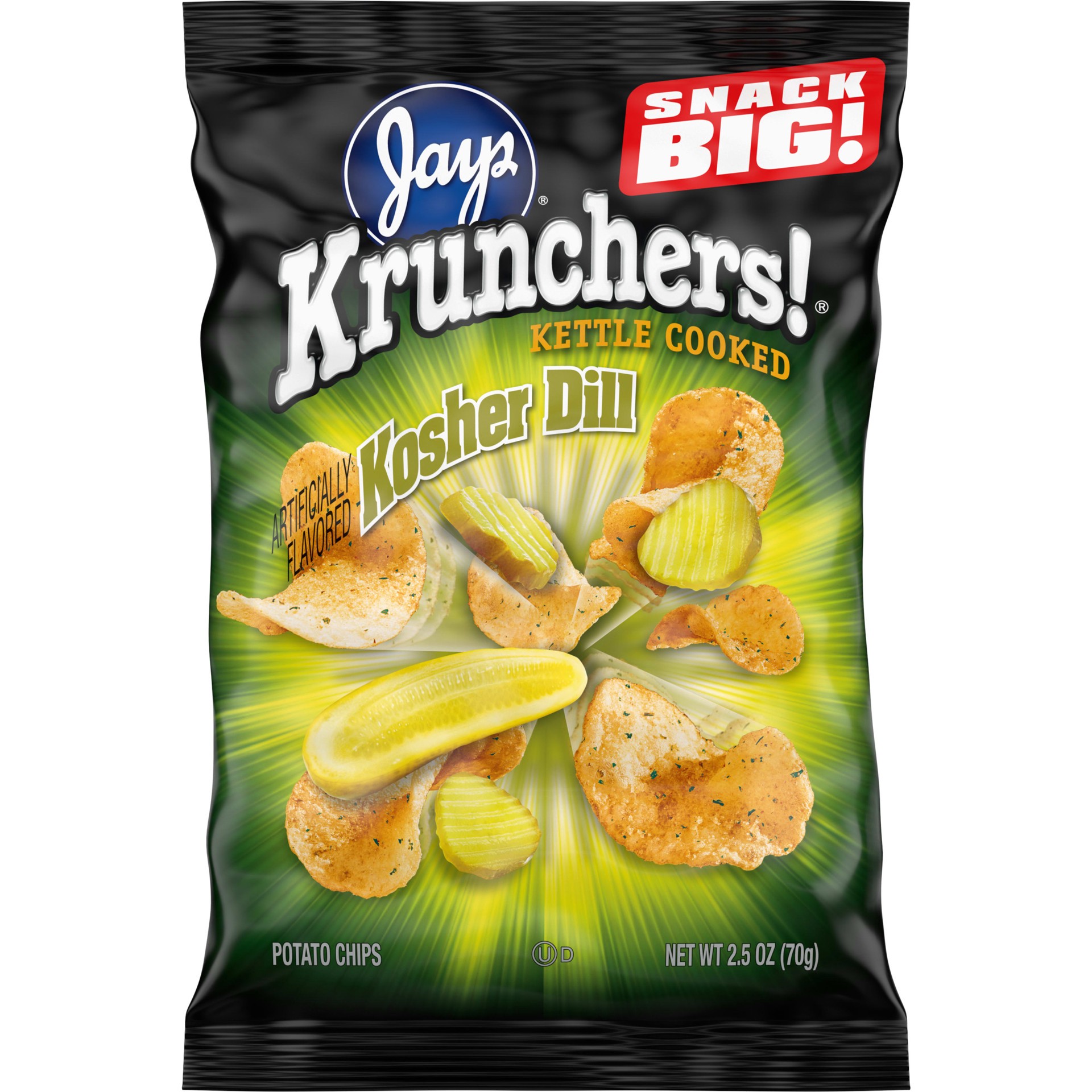 slide 1 of 5, Kruncher's! Kettle Cooked Potato Chips, Kosher Dill Flavored Chips, 2.5 Oz Snack Bag, 2.5 oz