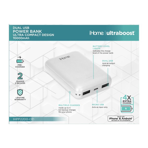slide 3 of 4, iHome Ultra-Compact 10,000Mah Power Bank, White, 1 ct