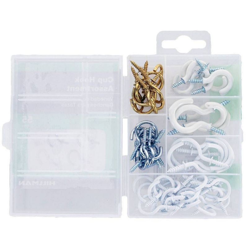 slide 3 of 4, Hillman 55pk Cup Hook Assortment Kit: Steel Screw Hooks for Ceiling & Picture Hanging, Multicolored, 0.5" Length, 55 ct