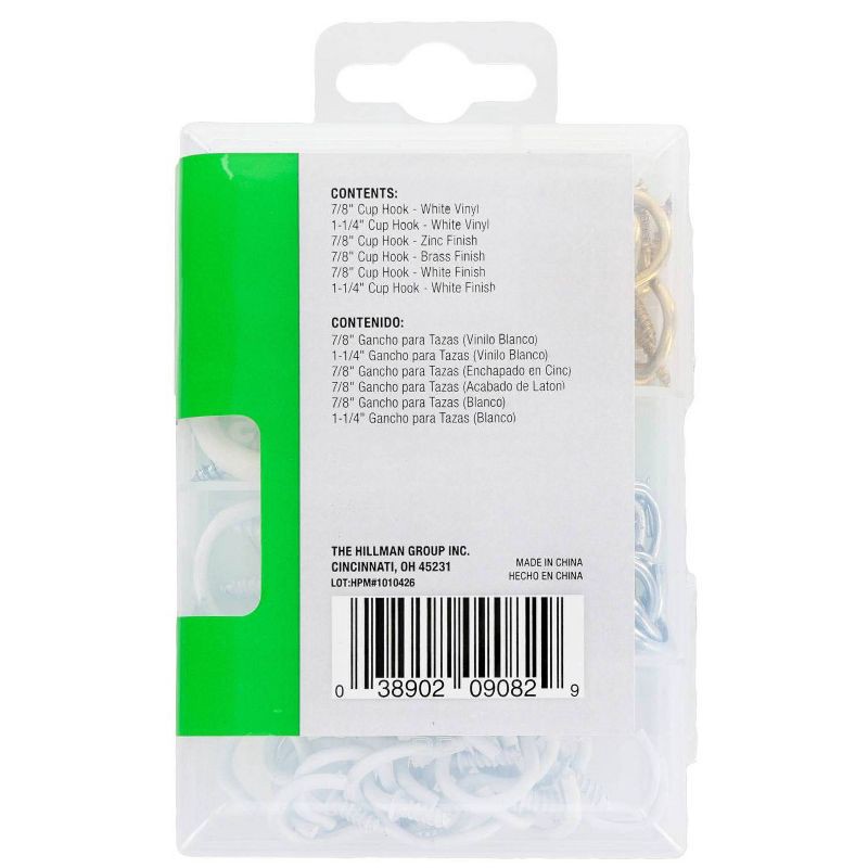 slide 4 of 4, Hillman 55pk Cup Hook Assortment Kit: Steel Screw Hooks for Ceiling & Picture Hanging, Multicolored, 0.5" Length, 55 ct