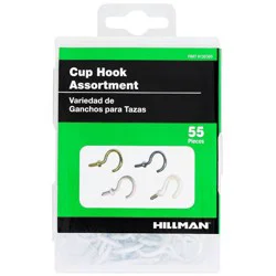 Hillman 55pk Cup Hook Assortment Kit: Steel Screw Hooks for Ceiling & Picture Hanging, Multicolored, 0.5" Length