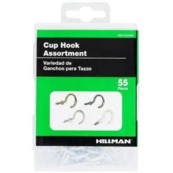 Hillman 55pk Cup Hook Assortment Kit: Steel Screw Hooks for Ceiling & Picture Hanging, Multicolored, 0.5" Length