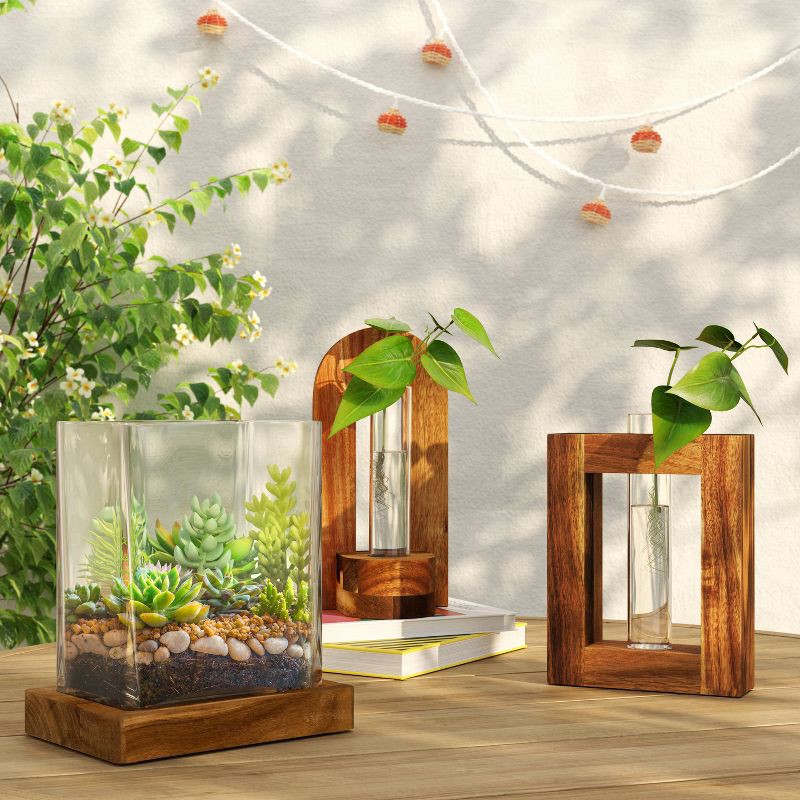 slide 2 of 4, Small Glass Terrarium with Wood Base Rectangular Natural Wood 7.2"x5.24"x8" - Threshold™, 1 ct