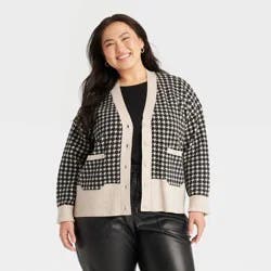 Women's Cozy Knit Everyday Cardigan - A New Day™ Taupe/Black Houndstooth XXL