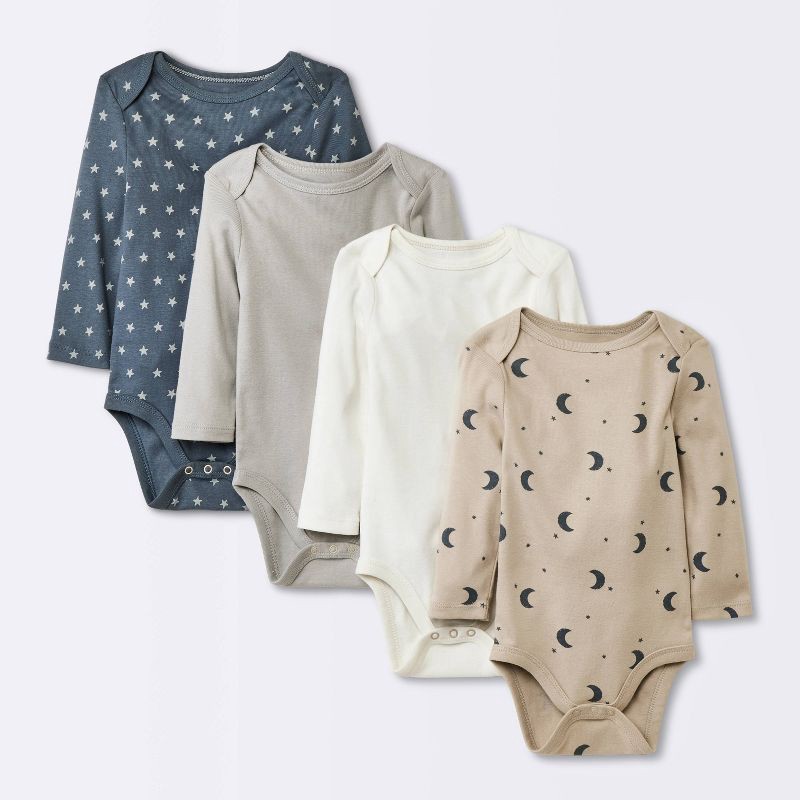 slide 1 of 4, Baby 4pk Long Sleeve Moons Bodysuit - Cloud Island™ Gray 12M: Cotton, Midweight, Lap Shoulder, 4 ct