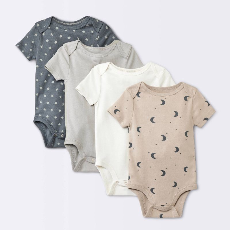 slide 1 of 4, Baby 4pk Short Sleeve Moons Bodysuit - Cloud Island™ Gray 12M: 100% Cotton, Midweight Fabric, Crotch Snap Closure, 4 ct
