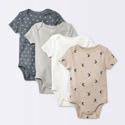 Baby 4pk Short Sleeve Moons Bodysuit - Cloud Island™ Gray 12M: 100% Cotton, Midweight Fabric, Crotch Snap Closure