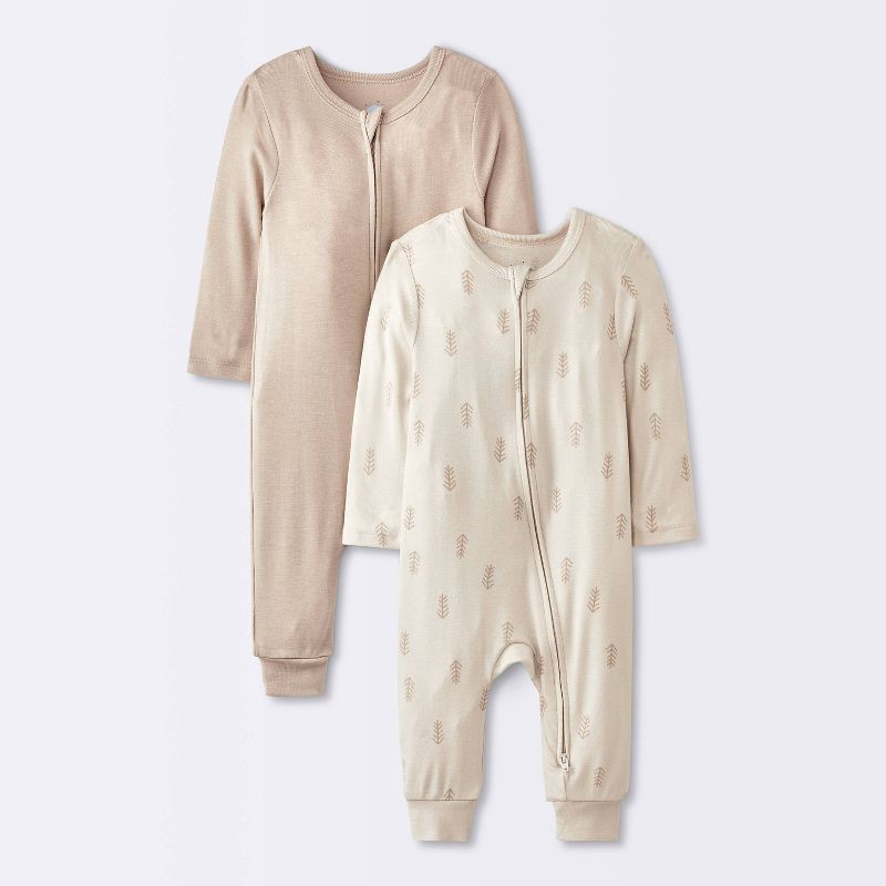 slide 1 of 4, Baby 2pk Leaf So Very Soft Modal Blend Romper - Cloud Island™ Cream Newborn: Long Sleeve, Front Zipper, Midweight Fabric, 2 ct