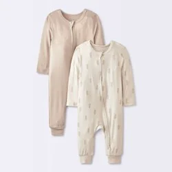Baby 2pk Leaf So Very Soft Modal Blend Romper - Cloud Island™ Cream Newborn: Long Sleeve, Front Zipper, Midweight Fabric