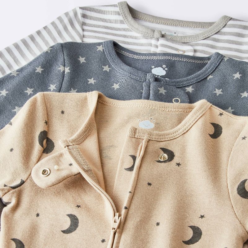 slide 3 of 4, Baby 3pk Cotton Moons Sleep N' Play - Cloud Island™ Gray 0-3M: Footed Pajamas, Long Sleeve, Covered Zipper, Machine Washable, 3 ct
