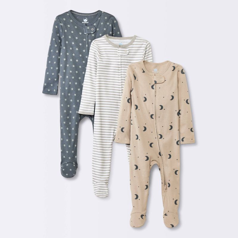 slide 1 of 4, Baby 3pk Cotton Moons Sleep N' Play - Cloud Island™ Gray 0-3M: Footed Pajamas, Long Sleeve, Covered Zipper, Machine Washable, 3 ct