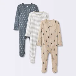 Baby 3pk Cotton Moons Sleep N' Play - Cloud Island™ Gray 0-3M: Footed Pajamas, Long Sleeve, Covered Zipper, Machine Washable