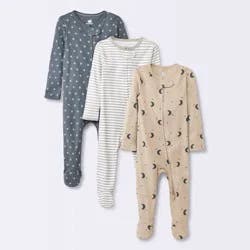 Baby 3pk Cotton Moons Sleep N' Play - Cloud Island™ Gray 6-9M: Footed Pajamas, Covered Zipper, Inverted Zipper