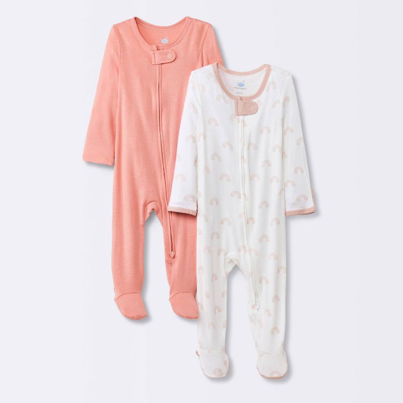 slide 1 of 3, Baby Girls' 2pk Rainbow So Very Soft Modal Blend Sleep N' Play - Cloud Island™ Pink 6-9M: Footed Pajamas, Long Sleeve, 2 ct