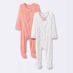 Baby Girls' 2pk Rainbow So Very Soft Modal Blend Sleep N' Play - Cloud Island™ Pink Newborn: Footed Pajamas, Long Sleeve, Mitten Cuff