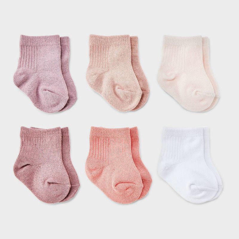 slide 1 of 2, Baby Girls' 6pk Crew Socks - Cloud Island™ Pink 0-3M: Newborn Knit Tagless Apparel, 6 ct