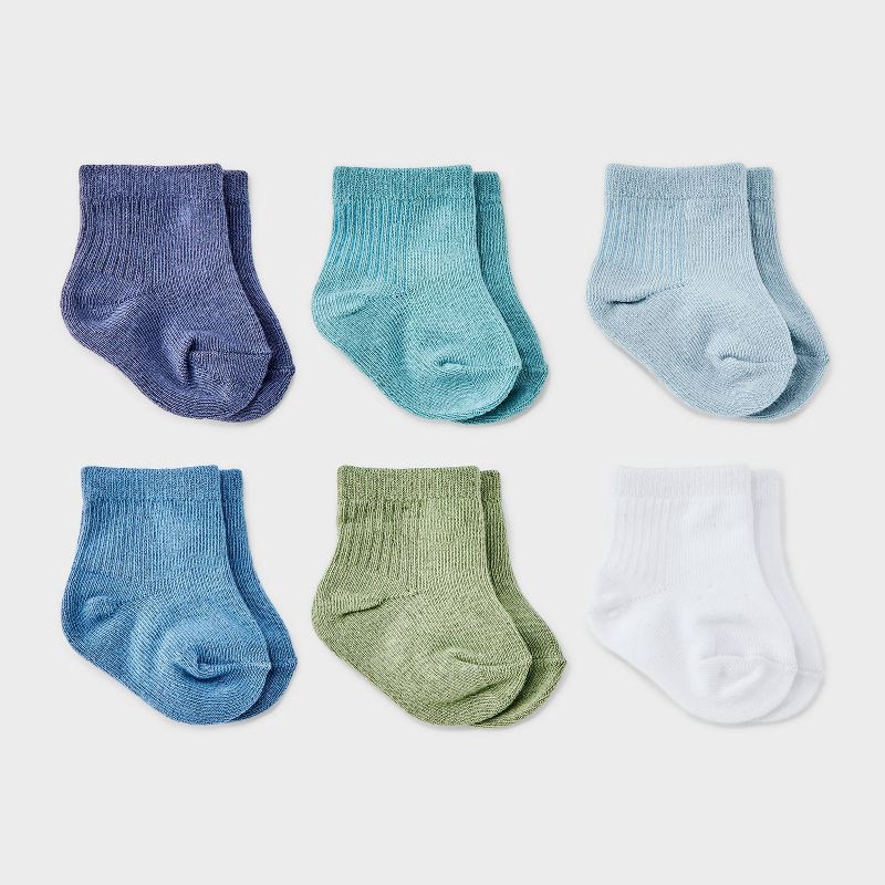 slide 1 of 2, Baby Boys' 6pk Crew Socks - Cloud Island™ Blue 0-3M: Newborn Infant Knit Apparel, Tagless, Machine Washable, Tumble Dry, 6 ct