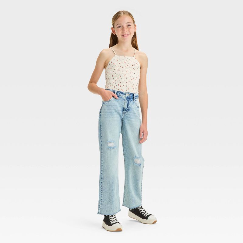 slide 3 of 6, Girls' High-Rise Baggy Jeans - art class™ Light Wash 7: Adjustable Waist, Relaxed Leg Denim, 1 ct