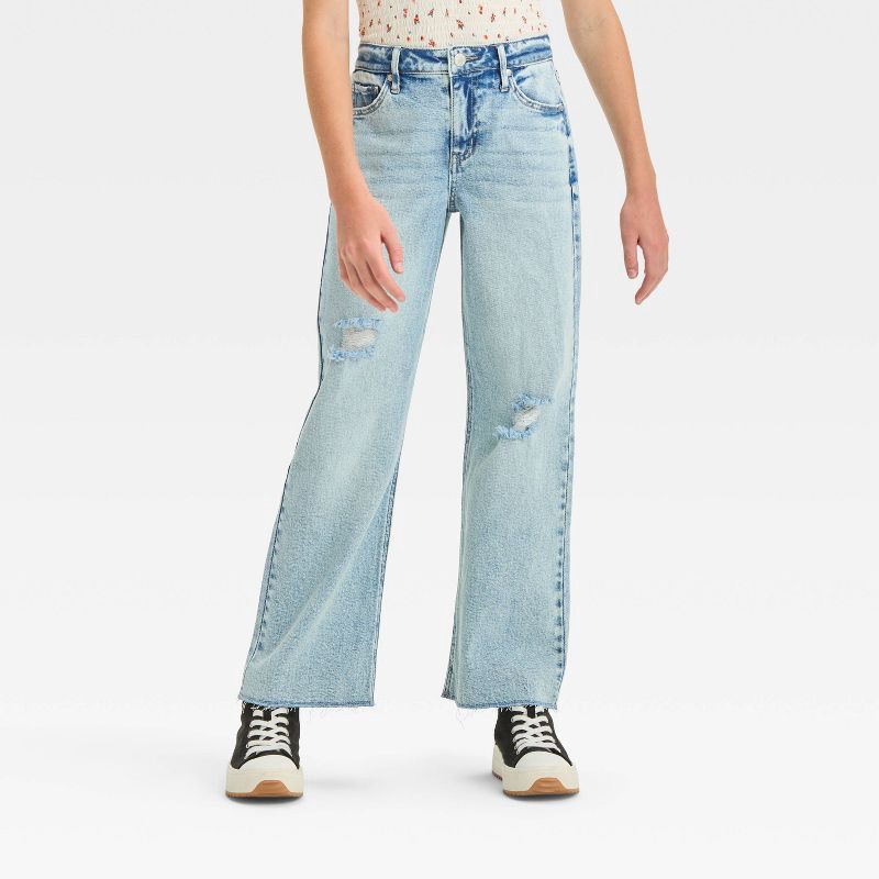 slide 1 of 6, Girls' High-Rise Baggy Jeans - art class™ Light Wash 7: Adjustable Waist, Relaxed Leg Denim, 1 ct