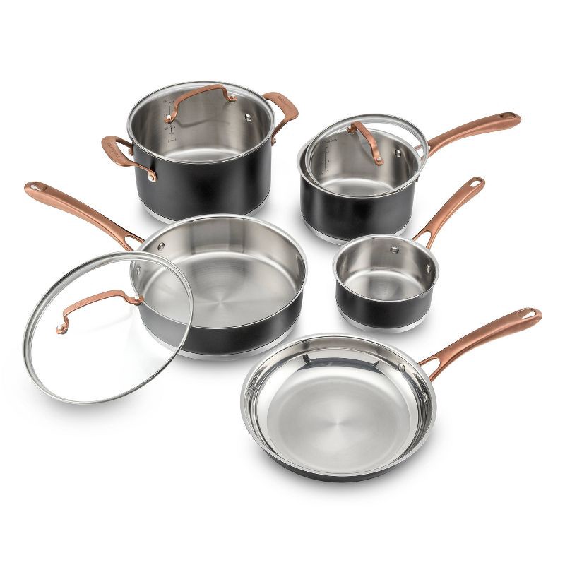 slide 2 of 7, Cuisinart 8pc Classic Matte Stainless Steel Cookware Set Black Blush Bronze Handles: Dishwasher-Safe, Tempered Glass Lids, 8 ct