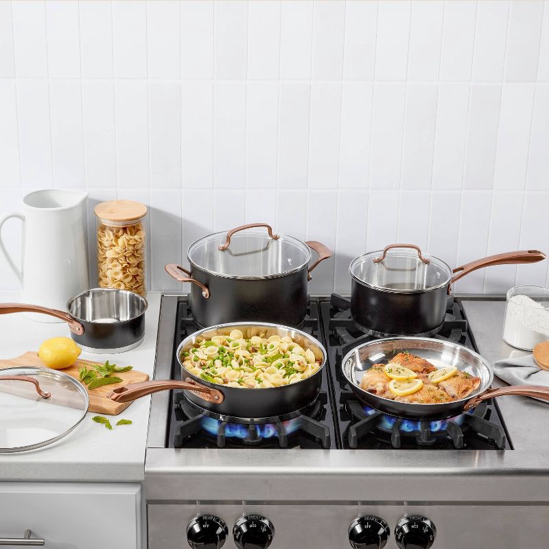 slide 5 of 7, Cuisinart 8pc Classic Matte Stainless Steel Cookware Set Black Blush Bronze Handles: Dishwasher-Safe, Tempered Glass Lids, 8 ct