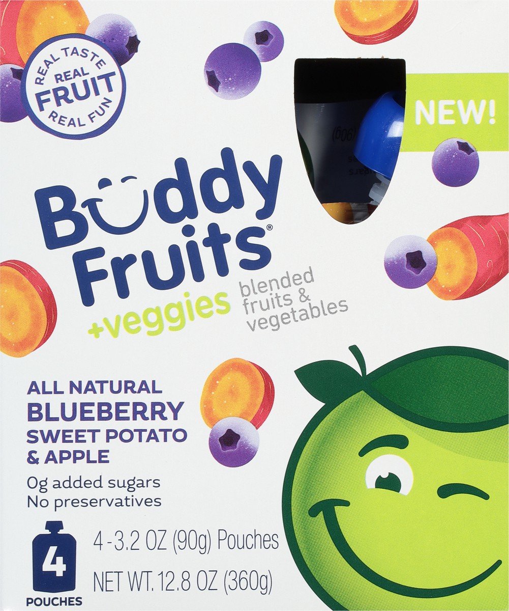 slide 6 of 9, Buddy Fruits +Veggies Blueberry Sweet Potato & Apple Blended Fruits & Vegetables 4 - 3.2 oz Pouches, 4 ct