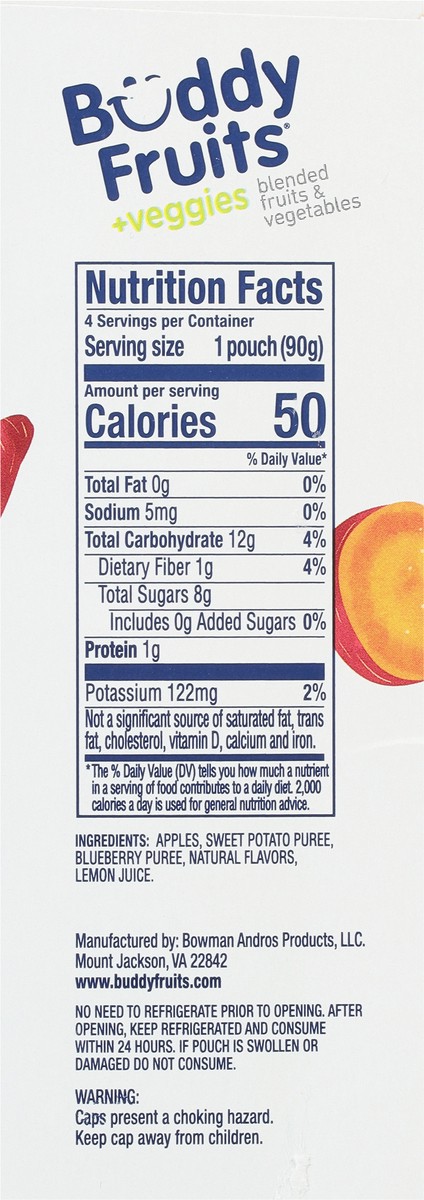 slide 8 of 9, Buddy Fruits +Veggies Blueberry Sweet Potato & Apple Blended Fruits & Vegetables 4 - 3.2 oz Pouches, 4 ct