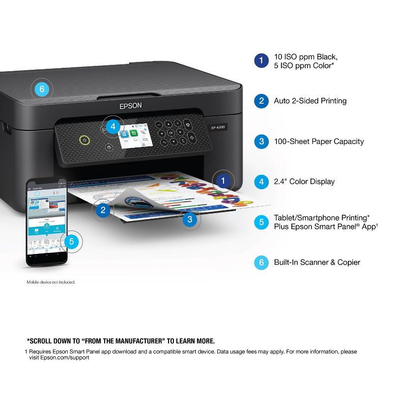 slide 4 of 6, Epson Expression Home XP-4200 Wireless Color Inkjet All-in-One Printer, Copier, Scanner - Black: Up to 47.2" Document Compatible, 1 ct